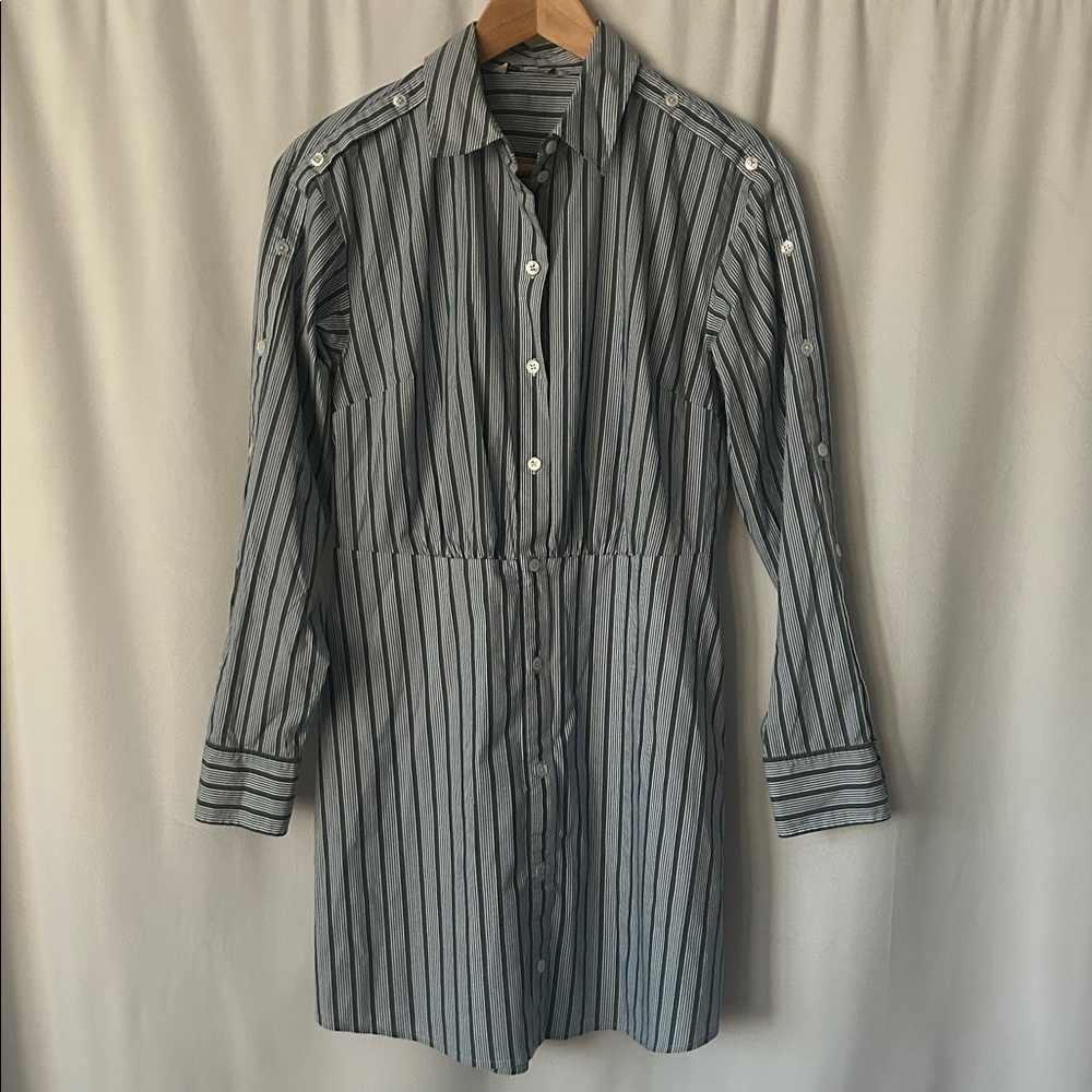 Veronica Beard Navy and White Striped Long-Sleeve Shirt Dress
